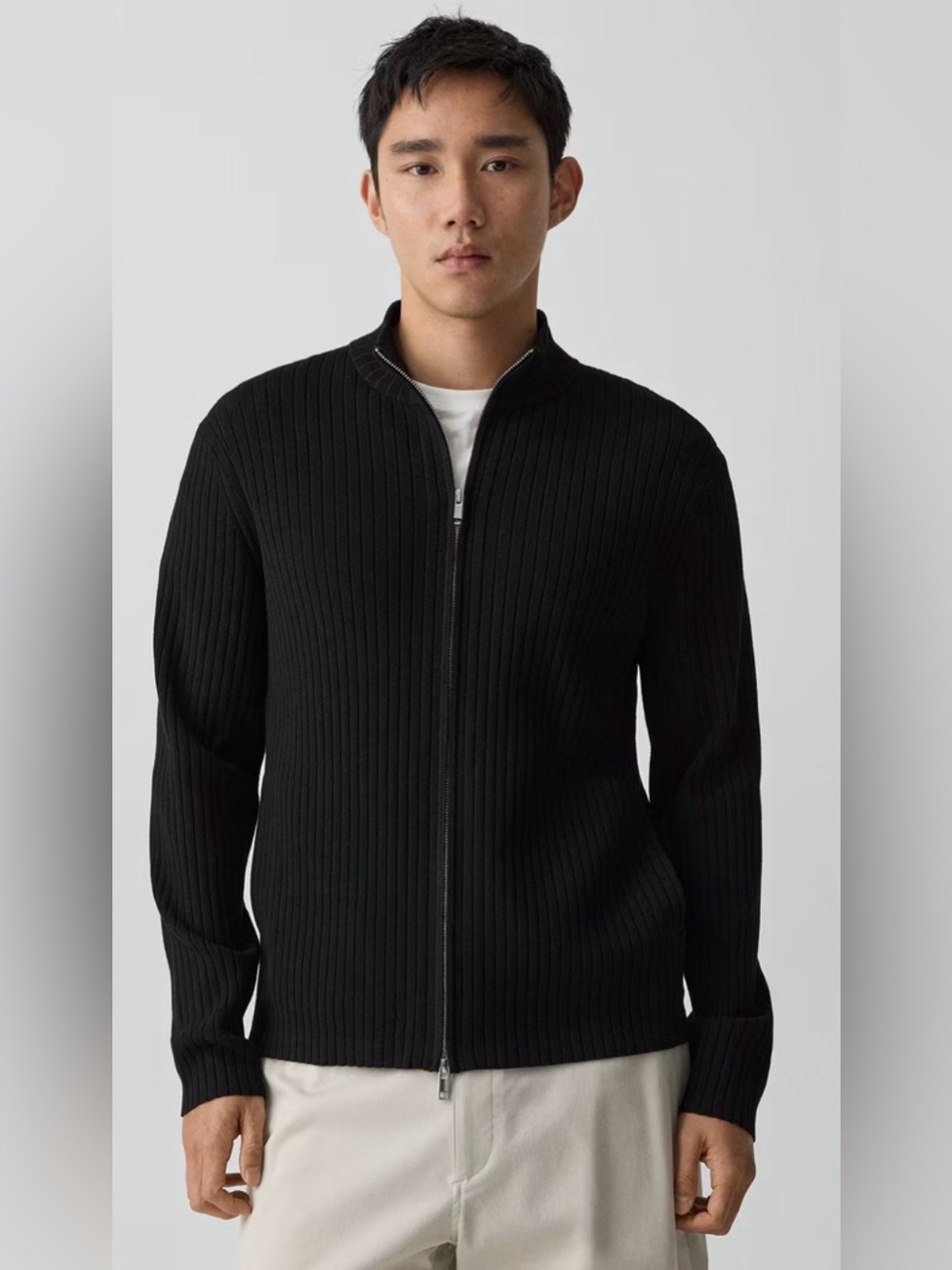 Theory Black Ribbed Full-Zip Sweater